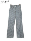 DEAT Blugi de damă cu talie înaltă spălați cu grilă de diamante distressed largi, drepti, pantaloni largi din denim 2024, primăvară, modă nouă 29L6613