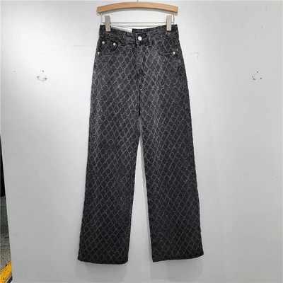 DEAT Blugi de damă cu talie înaltă spălați cu grilă de diamante distressed largi, drepti, pantaloni largi din denim 2024, primăvară, modă nouă 29L6613