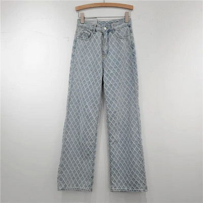 DEAT Blugi de damă cu talie înaltă spălați cu grilă de diamante distressed largi, drepti, pantaloni largi din denim 2024, primăvară, modă nouă 29L6613