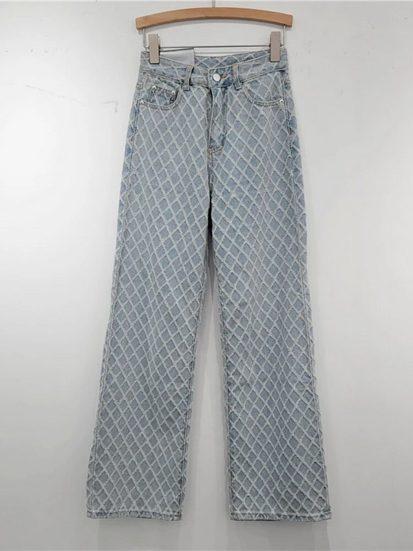 DEAT Blugi de damă cu talie înaltă spălați cu grilă de diamante distressed largi, drepti, pantaloni largi din denim 2024, primăvară, modă nouă 29L6613