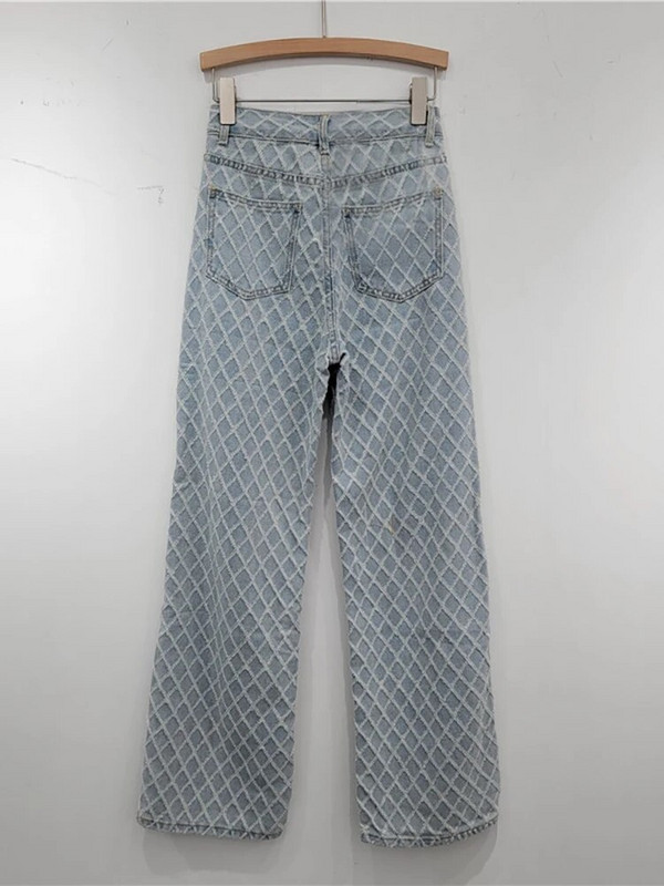 DEAT Blugi de damă cu talie înaltă spălați cu grilă de diamante distressed largi, drepti, pantaloni largi din denim 2024, primăvară, modă nouă 29L6613