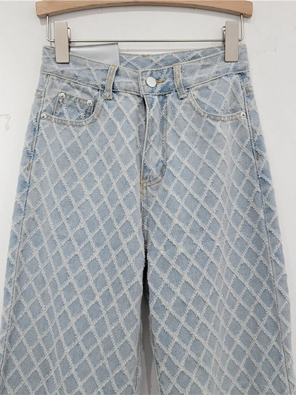DEAT Blugi de damă cu talie înaltă spălați cu grilă de diamante distressed largi, drepti, pantaloni largi din denim 2024, primăvară, modă nouă 29L6613