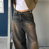 Dámske módne street rovné voľné rifle vintage stredne pásové voľné prané rifle