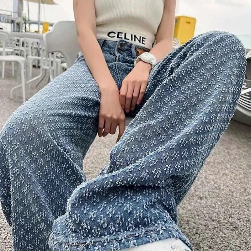 2023, blugi largi Y2k cu textura vintage, pentru femei, în stil american, îmbrăcăminte de stradă, ocazional, pantaloni de modă, talie înaltă, pantaloni lați pentru femei