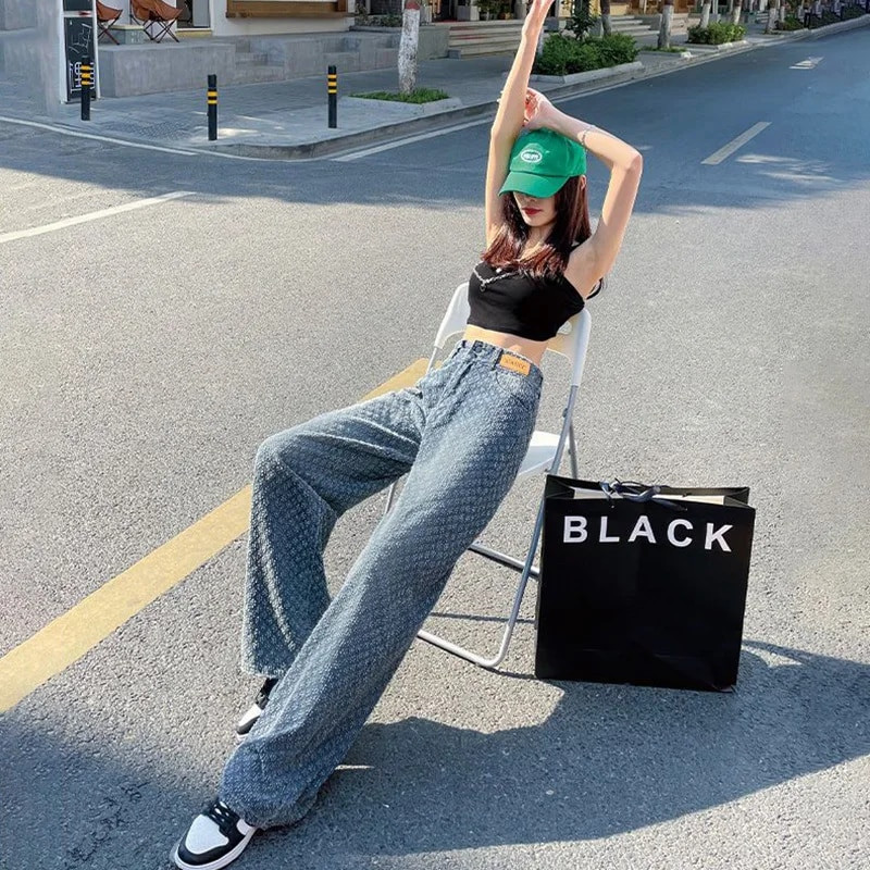 2023, blugi largi Y2k cu textura vintage, pentru femei, în stil american, îmbrăcăminte de stradă, ocazional, pantaloni de modă, talie înaltă, pantaloni lați pentru femei