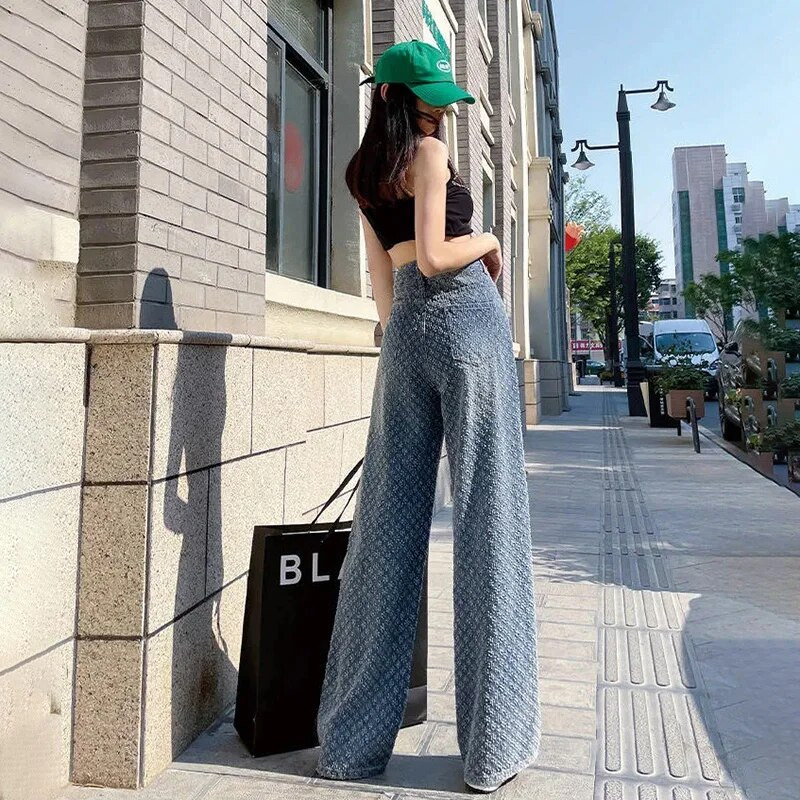 2023, blugi largi Y2k cu textura vintage, pentru femei, în stil american, îmbrăcăminte de stradă, ocazional, pantaloni de modă, talie înaltă, pantaloni lați pentru femei