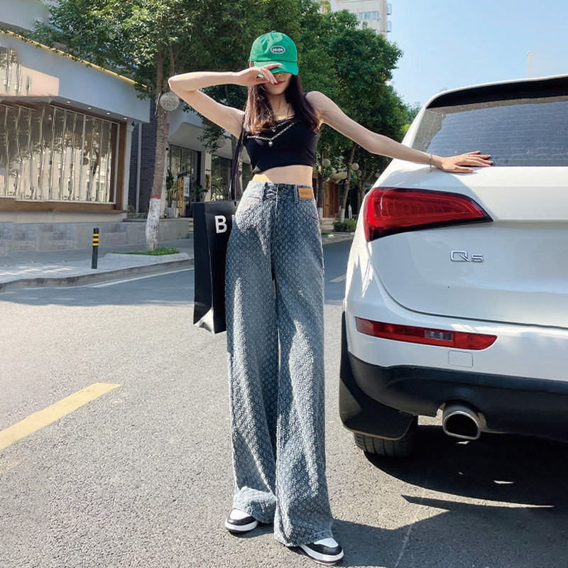 2023, blugi largi Y2k cu textura vintage, pentru femei, în stil american, îmbrăcăminte de stradă, ocazional, pantaloni de modă, talie înaltă, pantaloni lați pentru femei