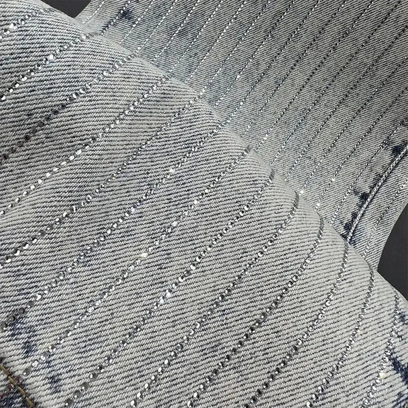 Chic Hot Drill Blugi largi Femei 2023 Noua Vară Pantaloni Drepți Lungi Denim Damă Moda unică Paiete Pantaloni în dungi Femei