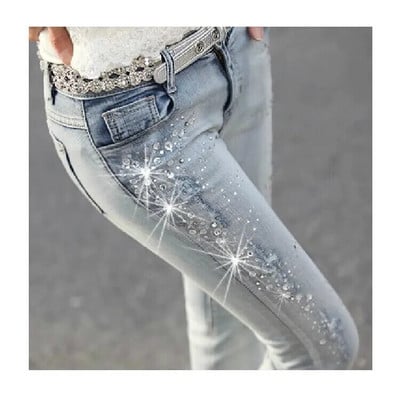 Noi pentru femei, blugi perforați cu diamante, pantaloni creion pentru femei, pantaloni din denim rupti, pantaloni cu strasuri de modă coreeană pentru femei