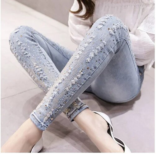 Noi pentru femei, blugi perforați cu diamante, pantaloni creion pentru femei, pantaloni din denim rupti, pantaloni cu strasuri de modă coreeană pentru femei