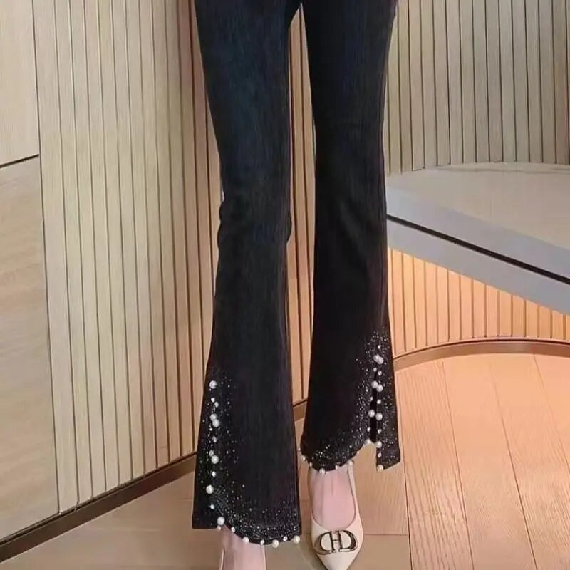 Noi pentru femei, blugi perforați cu diamante, pantaloni creion pentru femei, pantaloni din denim rupti, pantaloni cu strasuri de modă coreeană pentru femei