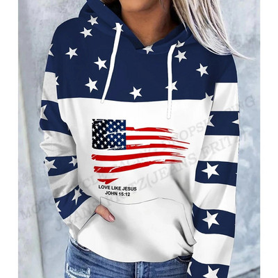 American Flag Hoodie Moterų mada Negabaritinis gobtuvai Moteriški megztiniai Paltai Usa Flag su gobtuvu Megztiniai megztiniai Moteriški drabužiai Dovanos