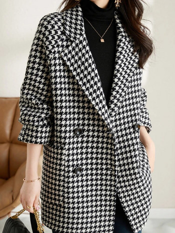Φθινοπωρινή γυναικεία μόδα Houndstooth μάλλινο παλτό με διπλό στήθος Vintage casual κοστούμι Μπουφάν Γυναικεία εξωτερικά ρούχα Κομψά μπλουζάκια Νέα