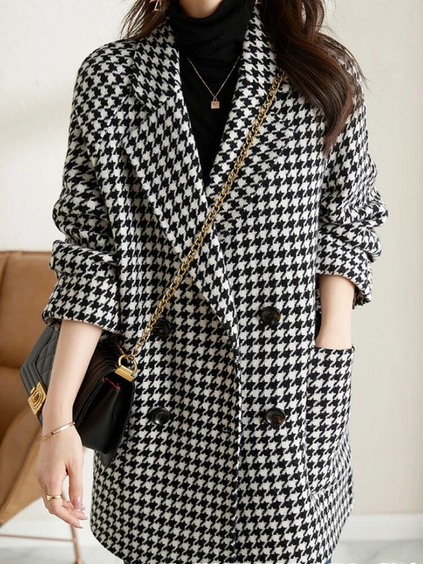 Jesenné dámske módne vlnené sako s pepitou stopou, dvojité zapínanie, vintage ležérne saká, dámske vrchné oblečenie, elegantné topy, nové