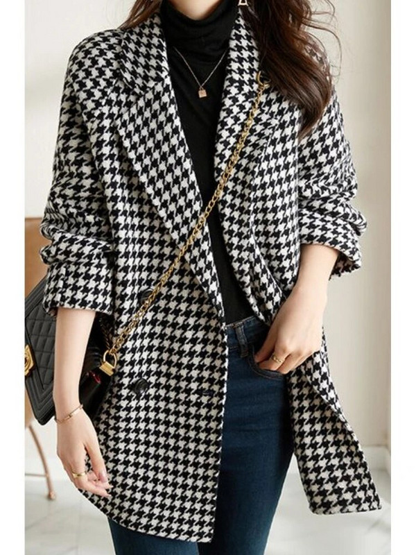 Jesenné dámske módne vlnené sako s pepitou stopou, dvojité zapínanie, vintage ležérne saká, dámske vrchné oblečenie, elegantné topy, nové