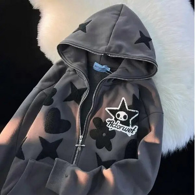 Americká vintage výšivka mikina na zips vysoko kvalitná bunda dámska nadrozmerná mikina s hviezdnou potlačou goth Harajuku Y2k streetwear