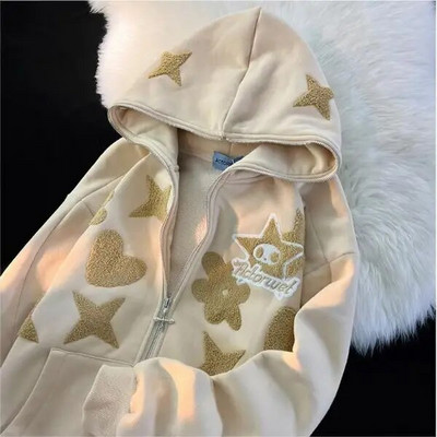 Americká vintage výšivka mikina na zips vysoko kvalitná bunda dámska nadrozmerná mikina s hviezdnou potlačou goth Harajuku Y2k streetwear