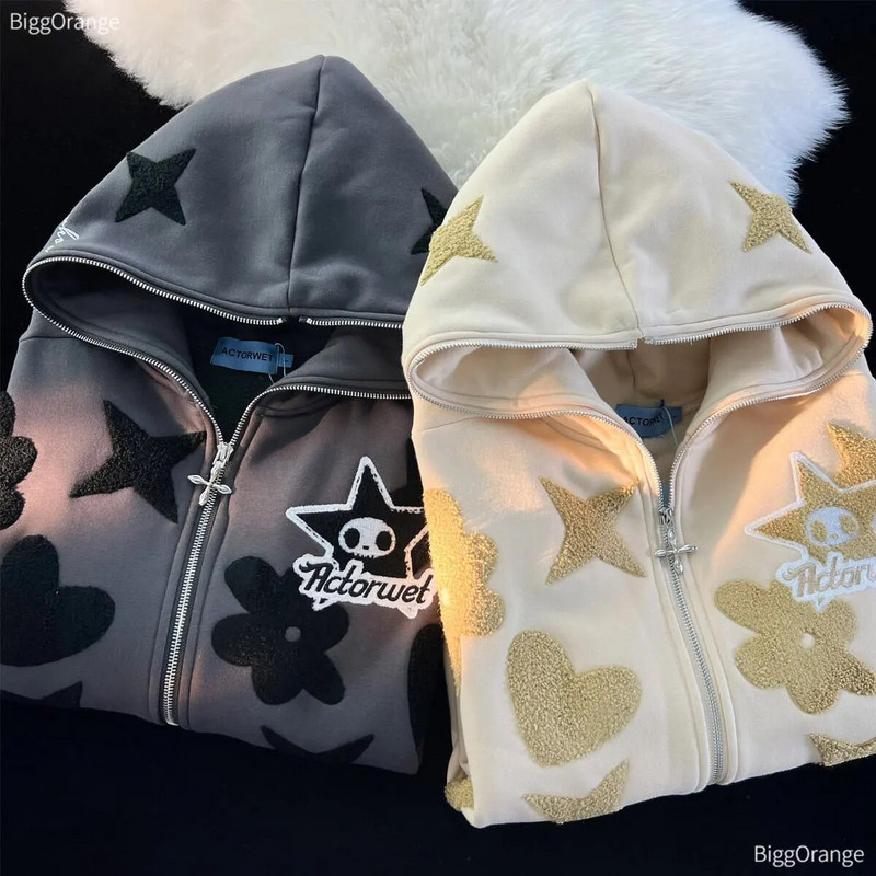 Americká vintage výšivka mikina na zips vysoko kvalitná bunda dámska nadrozmerná mikina s hviezdnou potlačou goth Harajuku Y2k streetwear