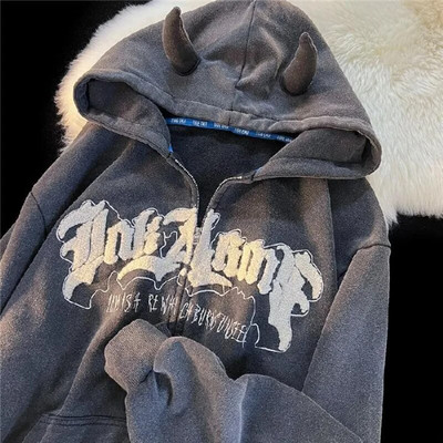 Y2k Letter Embroidery Hoodies Дамски суитшърт Harajuku с дълъг ръкав и цип Есенни ретро големи суичъри с качулка Streetwear