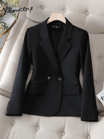 Yitimuceng Корейски моден ежедневен блейзър Дамски 2023 Нови елегантни плътни ежедневни якета с дълъг ръкав Офис дамски тънки Y2k палта