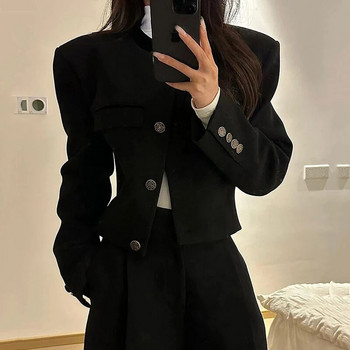 Vintage Μαύρα Cropped Blazers Γυναικεία Κορεάτικα Κομψά μακρυμάνικα κοντά σακάκια Office Lady Solid Slim Παλτό Φθινοπωρινά χειμωνιάτικα ρούχα
