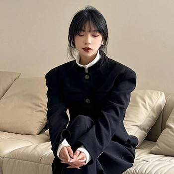 Винтидж черни изрязани блейзъри Дамски корейски елегантни къси якета с дълъг ръкав Офис дамски едноцветни тънки палта Есенни зимни връхни дрехи