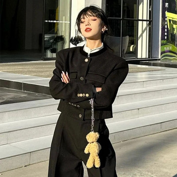 Винтидж черни изрязани блейзъри Дамски корейски елегантни къси якета с дълъг ръкав Офис дамски едноцветни тънки палта Есенни зимни връхни дрехи