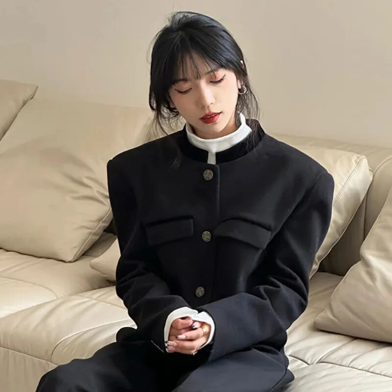 Vintage čierne orezané saká pre ženy, kórejské elegantné dlhé rukávy, krátke bundy, kancelárske dámske pevné štíhle kabáty, jeseň a zima, vrchné oblečenie