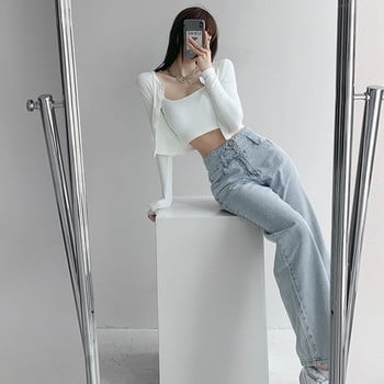 Свободни удобни дънки с висока талия за жени Streetwear Модни прави панталони Mom Jeans Washed Boyfriend Jeans