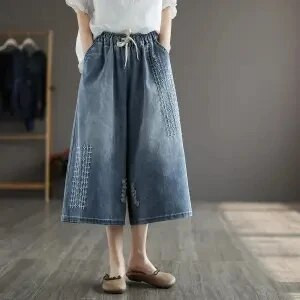 Jemný vietor, módne výšivky, elastický pás, široké nohavice, letné 2022, nové voľné nohavice The Flesh, dámske kovbojské skrátené nohavice