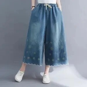 Jemný vietor, módne výšivky, elastický pás, široké nohavice, letné 2022, nové voľné nohavice The Flesh, dámske kovbojské skrátené nohavice