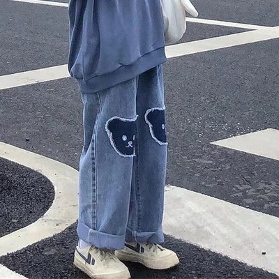 Dámske džínsy Zoki Harajuku Preppy Bear Patch, letné kórejské tenké džínsy, široké nohavice s vysokým pásom, voľné rovné nohavice