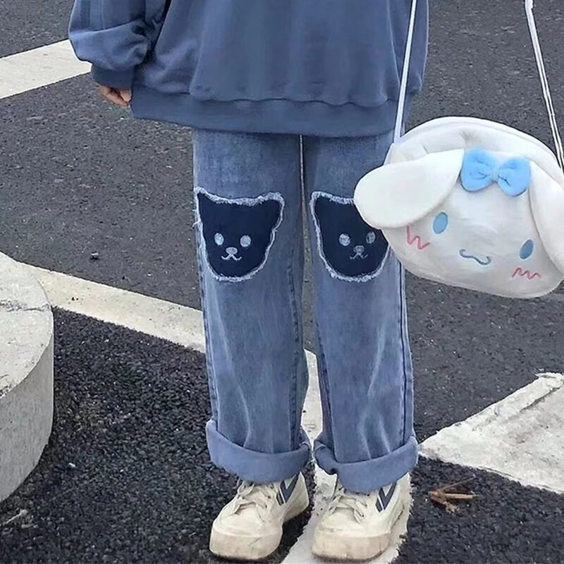 Dámske džínsy Zoki Harajuku Preppy Bear Patch, letné kórejské tenké džínsy, široké nohavice s vysokým pásom, voľné rovné nohavice