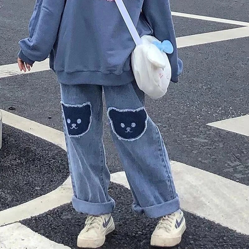 Dámske džínsy Zoki Harajuku Preppy Bear Patch, letné kórejské tenké džínsy, široké nohavice s vysokým pásom, voľné rovné nohavice