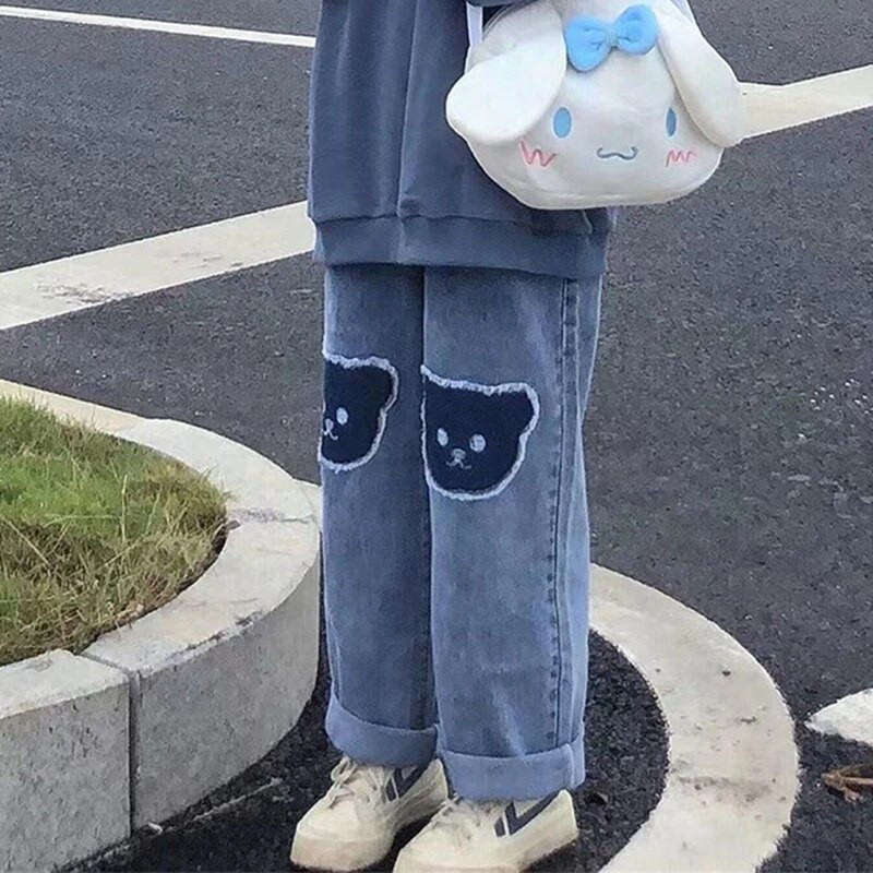 Dámske džínsy Zoki Harajuku Preppy Bear Patch, letné kórejské tenké džínsy, široké nohavice s vysokým pásom, voľné rovné nohavice