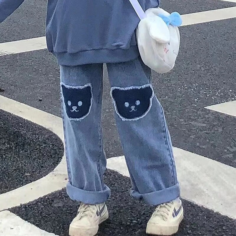Dámske džínsy Zoki Harajuku Preppy Bear Patch, letné kórejské tenké džínsy, široké nohavice s vysokým pásom, voľné rovné nohavice