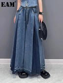 [EAM] Denim albastru cu talie înaltă plisată Blugi lungi și largi Pantaloni noi de femei largi Fashion Tide primăvară toamnă 2024 1DH0520