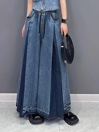 [EAM] Denim albastru cu talie înaltă plisată Blugi lungi și largi Pantaloni noi de femei largi Fashion Tide primăvară toamnă 2024 1DH0520