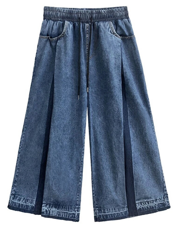 [EAM] Denim albastru cu talie înaltă plisată Blugi lungi și largi Pantaloni noi de femei largi Fashion Tide primăvară toamnă 2024 1DH0520