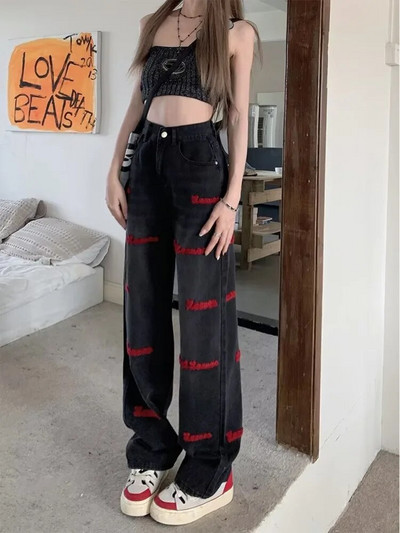 Blugi cu talie naturală Pantaloni cu picioare drepte, la modă, cu buton lejer, noi, versatili, literari, leneși, Harajuku, blugi pentru femei