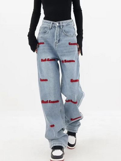 Blugi cu talie naturală Pantaloni cu picioare drepte, la modă, cu buton lejer, noi, versatili, literari, leneși, Harajuku, blugi pentru femei