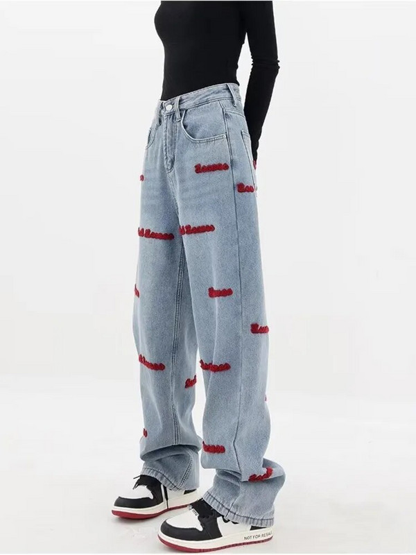 Blugi cu talie naturală Pantaloni cu picioare drepte, la modă, cu buton lejer, noi, versatili, literari, leneși, Harajuku, blugi pentru femei