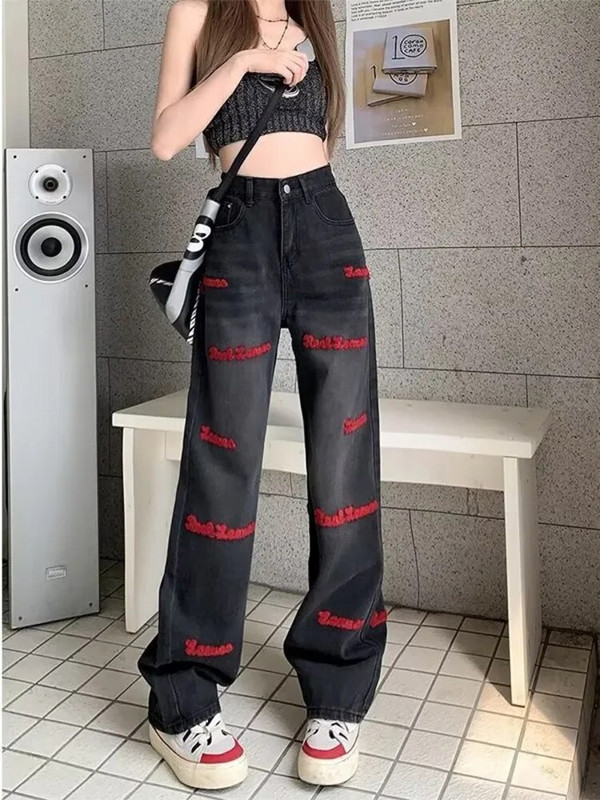 Blugi cu talie naturală Pantaloni cu picioare drepte, la modă, cu buton lejer, noi, versatili, literari, leneși, Harajuku, blugi pentru femei