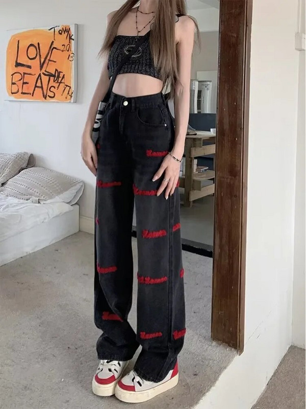 Blugi cu talie naturală Pantaloni cu picioare drepte, la modă, cu buton lejer, noi, versatili, literari, leneși, Harajuku, blugi pentru femei