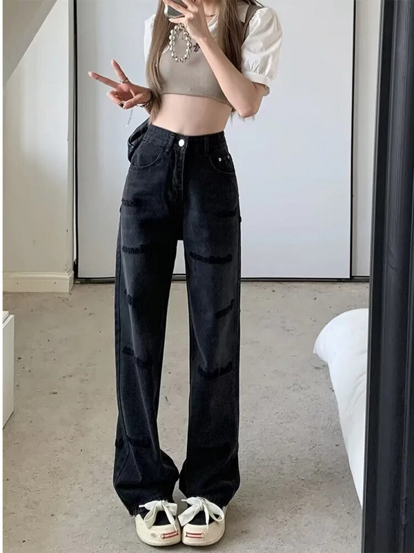 Blugi cu talie naturală Pantaloni cu picioare drepte, la modă, cu buton lejer, noi, versatili, literari, leneși, Harajuku, blugi pentru femei