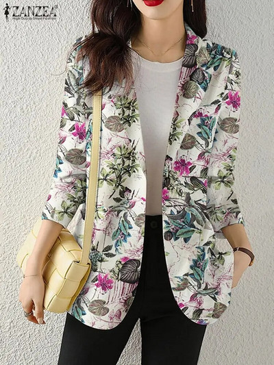 Blazer de toamnă pentru femei, paltoane cu imprimeu retro, ocazional, cu mânecă lungă, îmbrăcăminte exterioară cu flori ZANZEA, jachete cu un singur buton pentru femei, supradimensionate