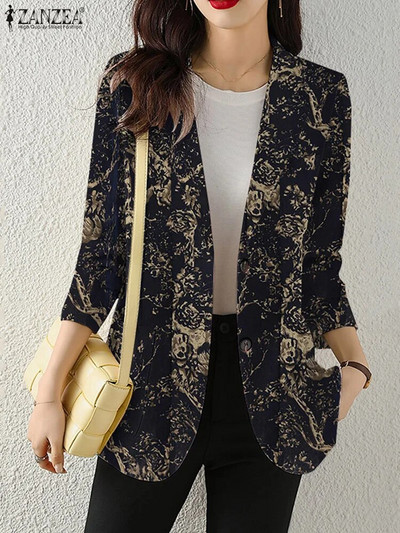 Blazer de toamnă pentru femei, paltoane cu imprimeu retro, ocazional, cu mânecă lungă, îmbrăcăminte exterioară cu flori ZANZEA, jachete cu un singur buton pentru femei, supradimensionate