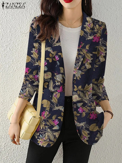 Blazer de toamnă pentru femei, paltoane cu imprimeu retro, ocazional, cu mânecă lungă, îmbrăcăminte exterioară cu flori ZANZEA, jachete cu un singur buton pentru femei, supradimensionate