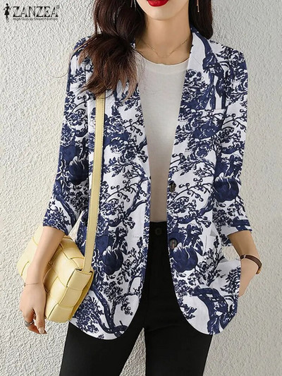 Blazer de toamnă pentru femei, paltoane cu imprimeu retro, ocazional, cu mânecă lungă, îmbrăcăminte exterioară cu flori ZANZEA, jachete cu un singur buton pentru femei, supradimensionate