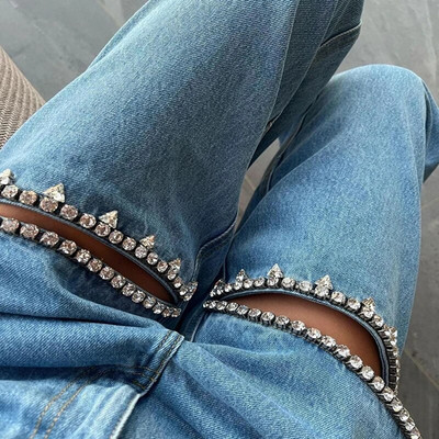 Moda la modă, design fierbinte cu diamante, albastru, relaxat, relaxat, cu talie înaltă, pantaloni cu picioare largi, toamnă/iarnă, blugi pentru femei